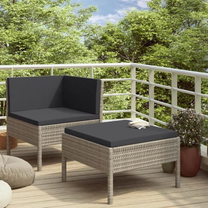 vidaXL Salon de jardin 2 pcs avec coussins Résine tressée Gris