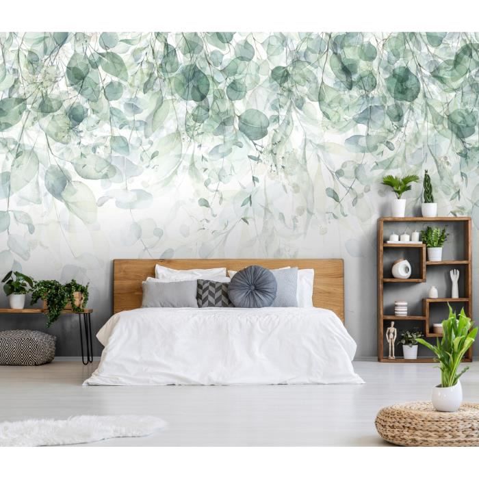 Papier Peint Intissé Lavable Mural Panoramique Feuilles Vert Jungle Fleurs - 254x184 cm Cuisine Chambre Salon