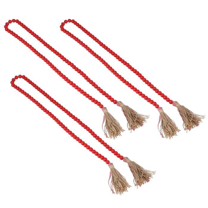 Lot De 2 Guirlandes Perles Bois 26cm Avec Pompons - Décoration Murale Rustique Naturelle
