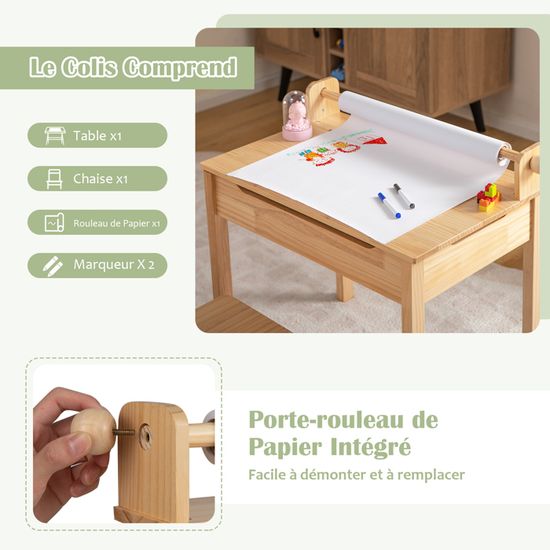 Bureau Enfant - DREAMADE - Plateau à Couvercle Rabattable - Pieds en Bois Massif - Rouleau de Papier - Charge 30KG- 3+ Ans Gris - Maison