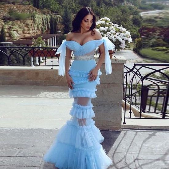 Aso Ebi Robe De soiree De forme sirene epaules denudees bleu ciel transparente a plusieurs niveaux grande taille Se Blanc Cdiscount Pret a Porter