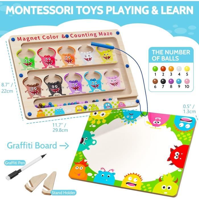 Jeu Labyrinthe Magnétique Montessori – Fruits, Couleurs Et Chiffres, Planche En Bois Avec Stylo Aimanté, Cadeau Éducatif 3-5 Ans