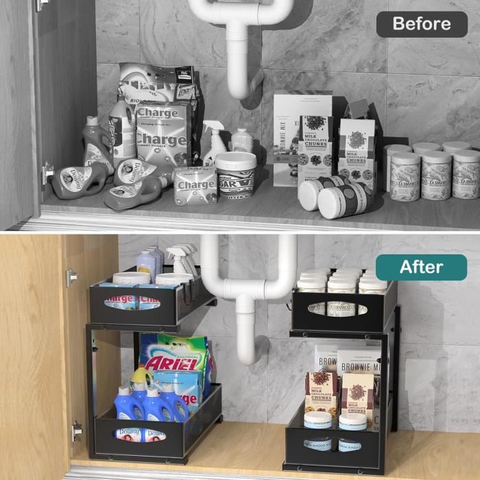 Owelth Rangement Sous Evier 2 Niveaux, Coulissant Organisateur Sous