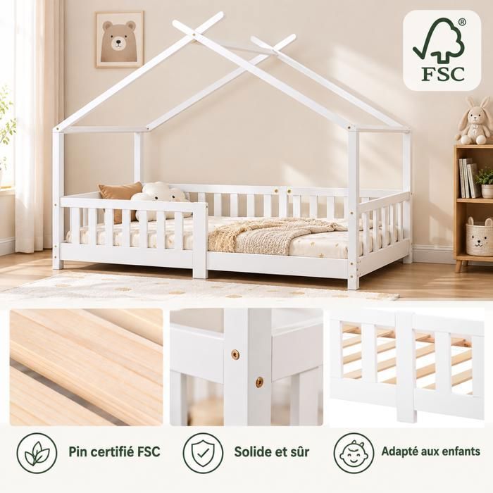 Lit Cabane Enfant KOMHTOM Avec Barrière De Sécurité - Sommier Lattes Bois - 90x200 Cm - Style Maisonnette