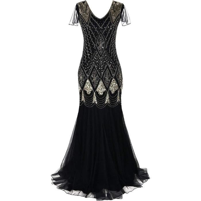 Robe de Cocktail Soiree Femme Gatsby Annee 1920 Noir Robe Flapper Frangee V Cou Paillette Art Deco Noir Cdiscount Pret a Porter