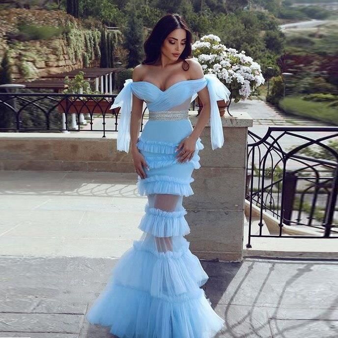 Aso Ebi Robe De soiree De forme sirene epaules denudees bleu ciel transparente a plusieurs niveaux grande taille Se Blanc Cdiscount Pret a Porter