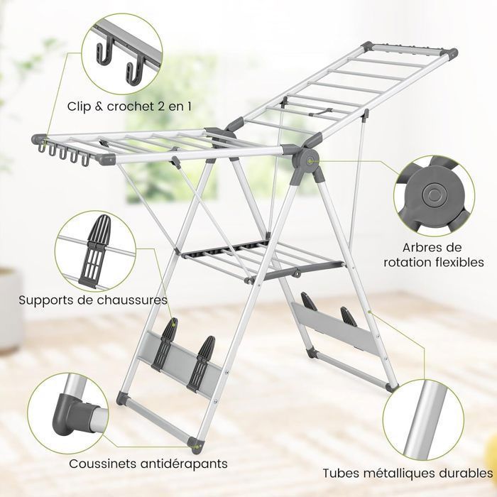 Etendoir Linge Interieur Pliable, Sechoir a Linge 2 Niveaux en Métal, 33 Barres, 4 Ailes Réglables, Pinces à Chaussettes, Intérieur Extérieur | Leroy Merlin Etendoir Linge Interieur Pliable, Sechoir a Linge 2 Niveaux en Métal, 33 Barres, 4 Ailes Réglables, Pinces à Chaussettes, Intérieur Extérieur | Leroy Merlin