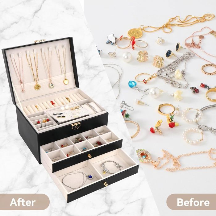 UCAMP Coffret à Bijoux 3 Étages Verrouillable - Organisateur Velours Avec Tiroirs Pour Colliers, Bagues, Montres