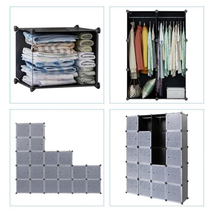 20 Cube Armoire de Chambre avec porte Meuble de Rangement avec Penderie  Modulable Tige à Vêtements