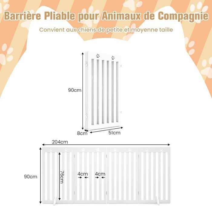 ZJSF Barrière D'intérieur Pliable Autoportante Pour Chien Pour Maison En Bois Blanc, Longue Barrière Pour Chien Pour Escaliers, Barrière Pour Chiots Pour Couloirs, 61 Cm De Hauteur, 4 Panneaux