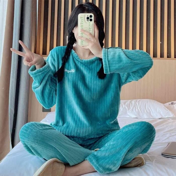 Pyjama Pyjama chaud en flanelle pour femme ensemble de vetements de nuit epais et ample en velours corail R zd 111 hushuilan Blanc Cdiscount Pret a Porter