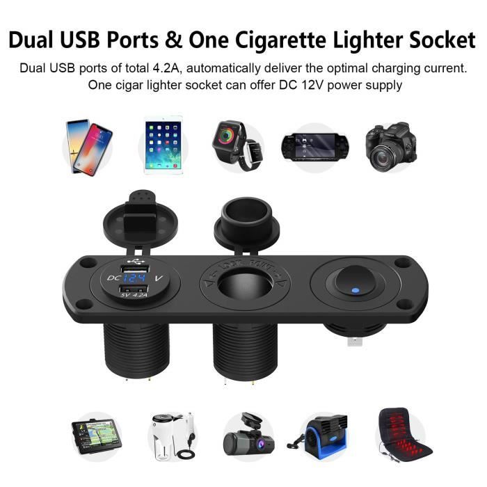 CARCHET® Adaptateur Prise Socket Allume Cigare Chargeur Secteur 2 Ports  Double USB 12V + Voltmètre
