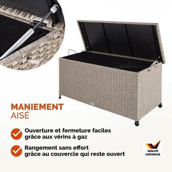 Casaria® Coffre de jardin extérieur XXL Crème - Malle de rangement en Polyrotin avec roulettes 270 L, étanche avec Vérin à gaz 117x53x60 cm pour Jardin, Balcon ou Terrasse