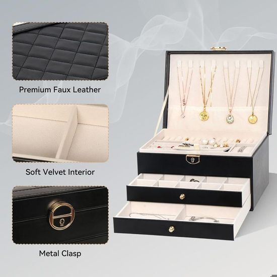 Boîte à Bijoux Verrouillable YUTUY - 3 Niveaux Rangement Cuir Avec Clé - Cadeau Élégant