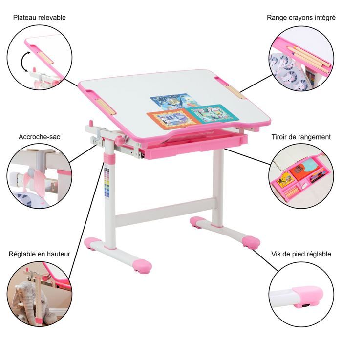 Bureau & Chaise Enfant Réglables – Avec Lampe LED, Plateau Inclinable, Rangements | Pour Enfants 6-12 Ans, Rose