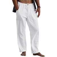 Pantalon Homme Coton Lin Pantalon Taille Elastique Léger Respirant Pantalons Décontracté Pantalons Large Plage,Blanc