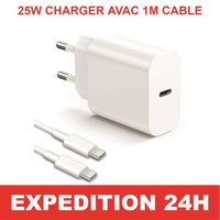 Chargeur USB-C 25W + Câble USB-C vers USB-C Blanc 1M pour Samsung Galaxy A13 A14 A24 A34 M13 M23 5G