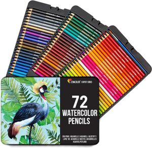 CRAYON DE COULEUR Multicolore 72 Crayons Aquarellables, avec Pinceau et Boîte en Métal - Set de 72 Couleurs Uniques et Solubles - Dessin,