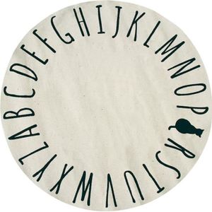 TAPIS DE COULOIR COTTON ALPHA - Tapis Chambre enfant imprimé alphabet et chat 100% Coton - Rond Diamètre 90 cm Ø - Ecru naturel