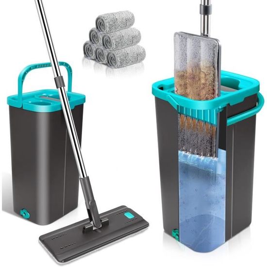 Serpillère Microfibre Avec Seau Essoreur 2 En 1 – Balai Rotatif 360° + 5 Tampons Lavables, Manche Acier Inoxydable Réglable, Nettoyage Humide Et Sec Efficace