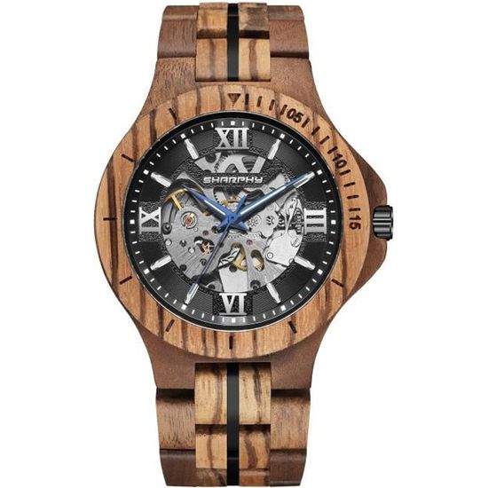 Montre automatique homme mecanique bois - lumineux étanche bracelet noir 2021 top qualité marque de luxe