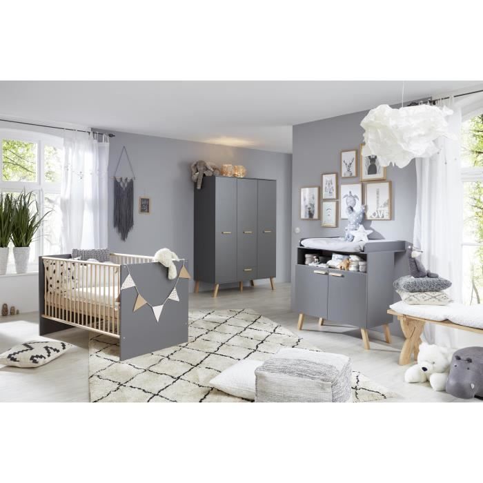 Chambre bébé bois gris complète lit évolutif commode armoire