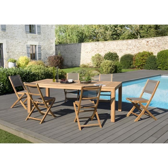 Ensemble de jardin en teck : 1 table à manger Vieste 220 x 100 cm, couleur naturelle - 3 lots de 2 chaises pliantes en textilène JAR