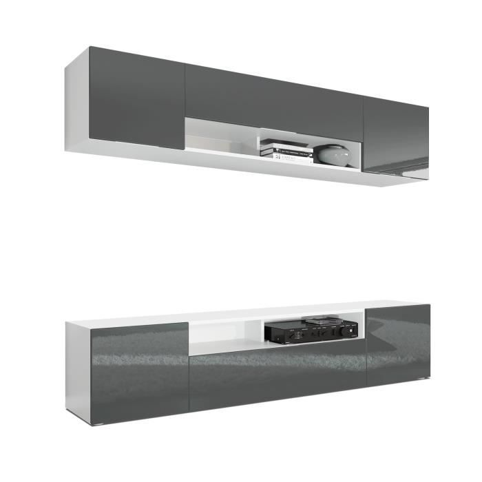 Combinaison murale Armoire Mogan, Corps en Blanc mat - Façades en Gris haute brillance