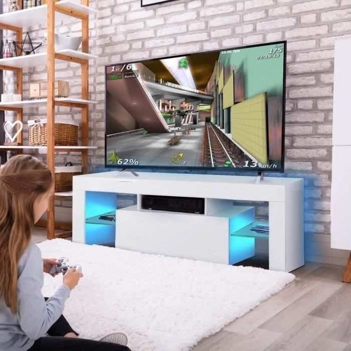 Meuble TV moderne brillant avec bandes LED et télécommande meuble tv blanc meuble led meuble tv avec led led meuble tv led Banc 75