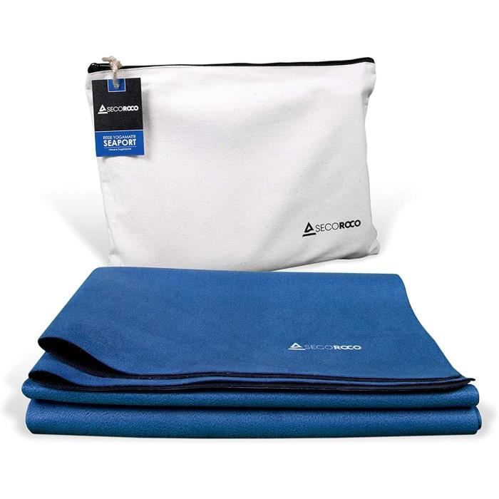 Tapis de yoga de voyage « Seaport » en caoutchouc naturel avec sac de transport en lin - Antidérapant, léger pliable, écologique - É