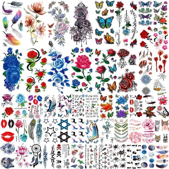 Autocollants de tatouage COKTAK 56 Feuilles Coloré Tatouage Ephemere Fleur Rose Femme, Plume 3D Faux Tatouage Temporaire 35