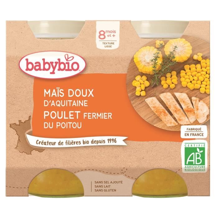 Babybio - Petit Pot Bébé Mais doux Poulet - Bio - 2x200g - Dès 8 mois