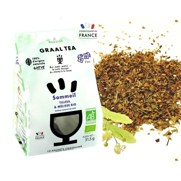 GRAALTEA INFUSION SOMMEIL Bio en sachet cristallin biodégradable & compostable - Tilleul & Mélisse Bio - Arôme naturel de miel - 1