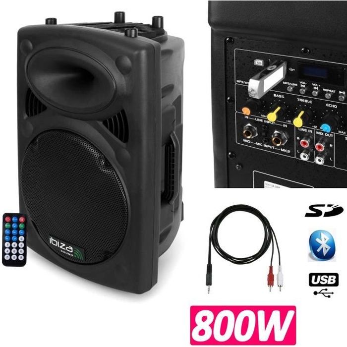 Enceinte DJ SONO Mobile amplifiée 800w lecteur mp3 SLK-15A-USB BT + câble PC