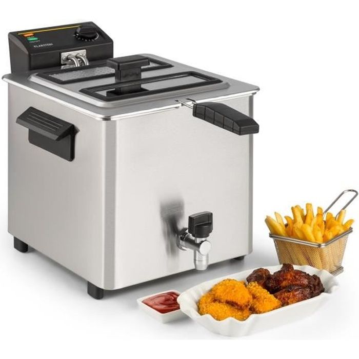 Klarstein Family Fry Friteuse électrique avec couvercle amovible et poignées froides - cuve 8L - thermostat - 3000W - inox argent