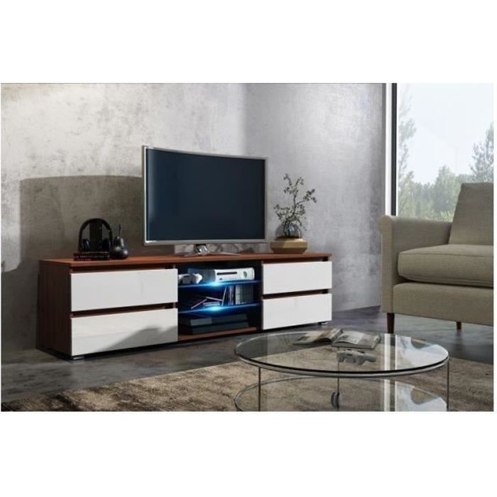 Meuble tv 150 cm noyer et façade blanc laquée