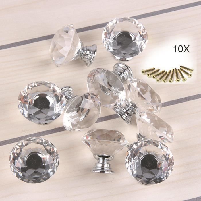 10 Pièces Poignée de Boutons de Porte en Cristal Transparent Brillant pour Tiroir, Meubles de Cuisine, Placard - 30mm
