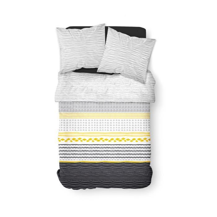 Parure de lit 2 personnes 240X260 Coton imprime Noir Graphique SUNSHINE