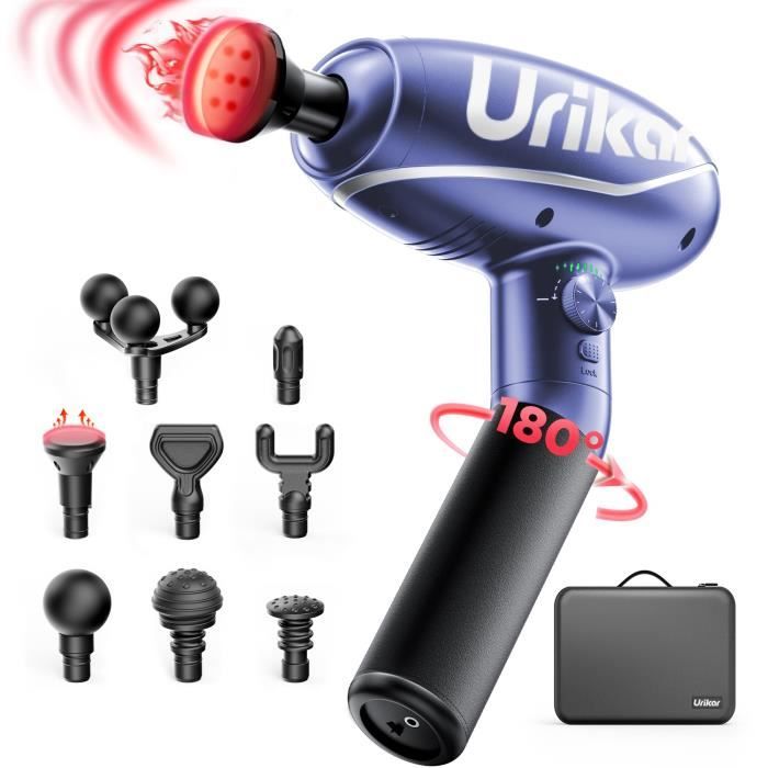 Pistolet de massage chauffant - Urikar - Poignée Rotative à 180°, Force d'arrêt de 55 lb,Massage à percussion, Choc profond de 14 mm