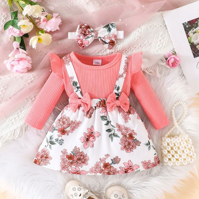 Robe Bebe Fille Robes de Noel Bebe Fille a Volants Manches Longues avec N ud Bandeau 2 pieces pour Printemps Rose Cdiscount Pret a Porter