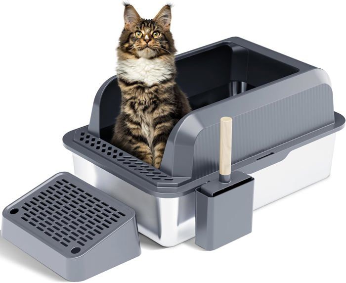 Comparer les prix de Bac Litière Chat En Acier Inoxydable, Bac Litière Pour Chat Xxl Ouvert Avec Pelle En Métal, Maison De Toilette, Résistant Aux Odeu