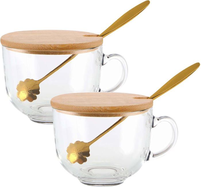 Tasse à café avec anse couvercle en bambou et cuillère sakura verre transparent pour thé céréales yaourt lot de 2