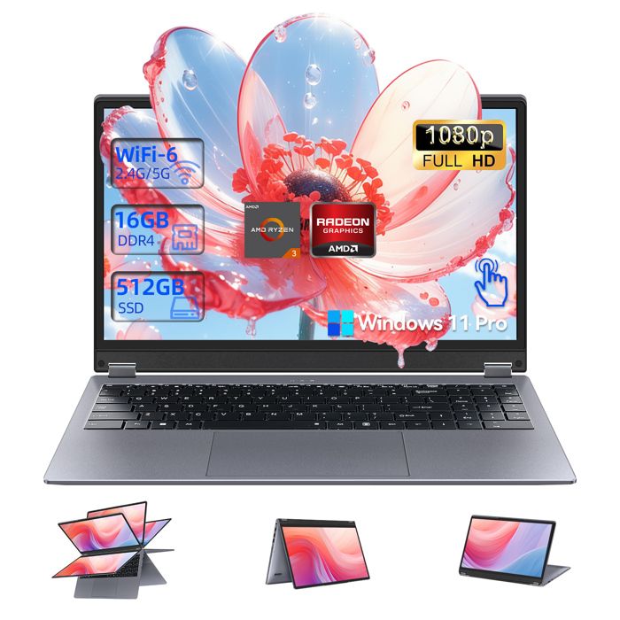 PC Portable YOGA-156FullView Ecran Tactile 360°Rotation-AMD RYZEN3 3200U-16Go RAM-512Go SSD-Ordinateur Portable- Win-11Pro