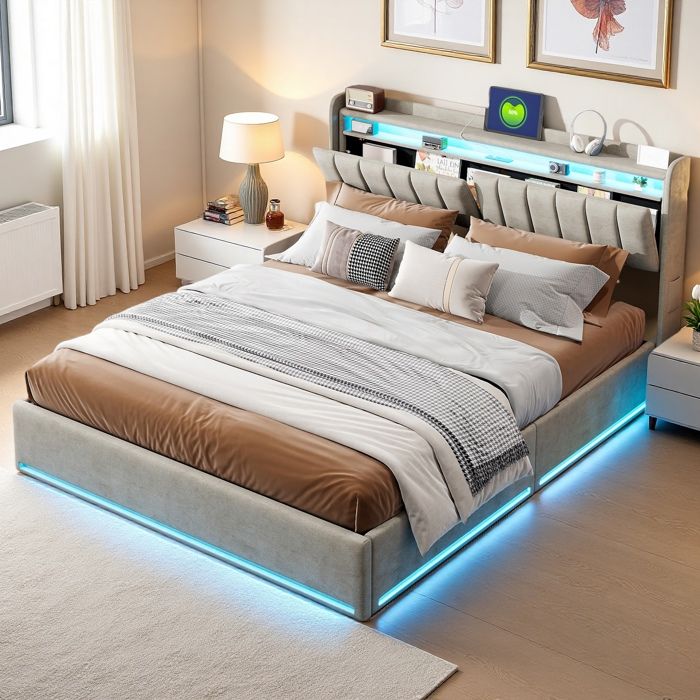 Lit Adulte 160x200 cm avce LED et USB, Lit rembourré en velours, Lit ...