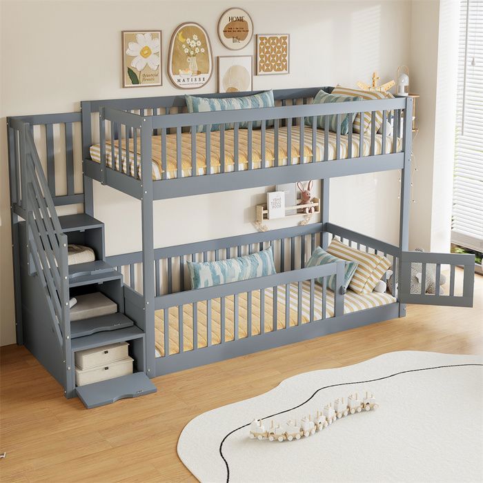 DRIPEX Lit superposé 90x200cm avec Barrières de sécurité et porte Lit enfant avec escalier de rangement Gris