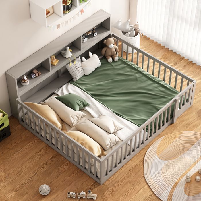 Lit Enfant Évolutif au Sol 140x200 cm en Pin avec Barrières de Sécurité et Rangement Gris Sans matelas