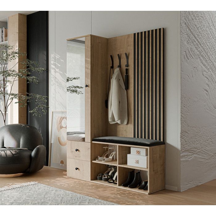 Vestiaire avec Miroir LUCA - Porte-Manteau avec Banc à Chaussures et Tiroirs - x - 129x30x196 cm - Chêne artisanal