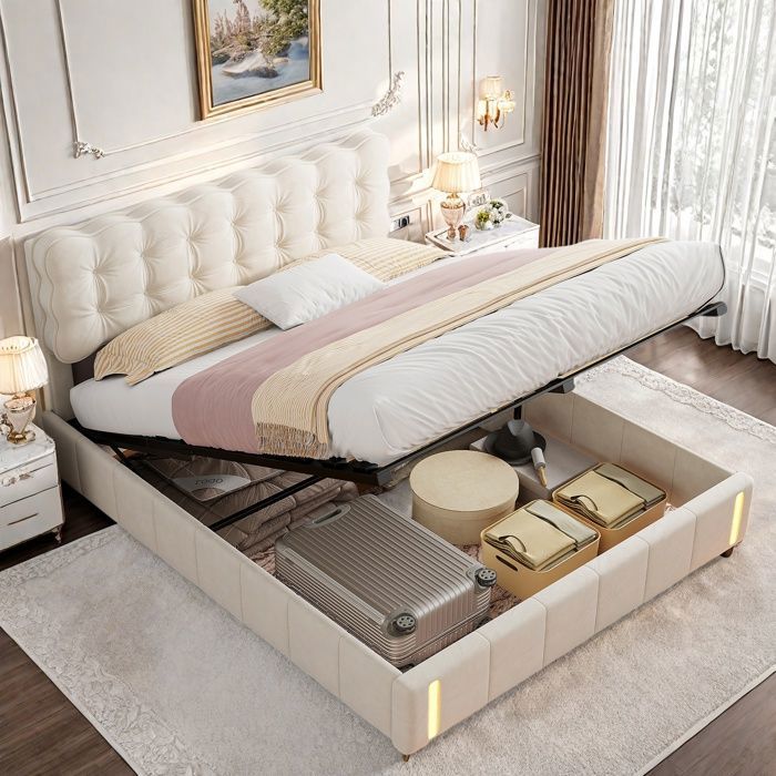 Lit Coffre Double 160x200CM avec LED Automatique Tête de Lits Rembourrée Rangement Spacieux & Sommier à Lattes Velours Beige