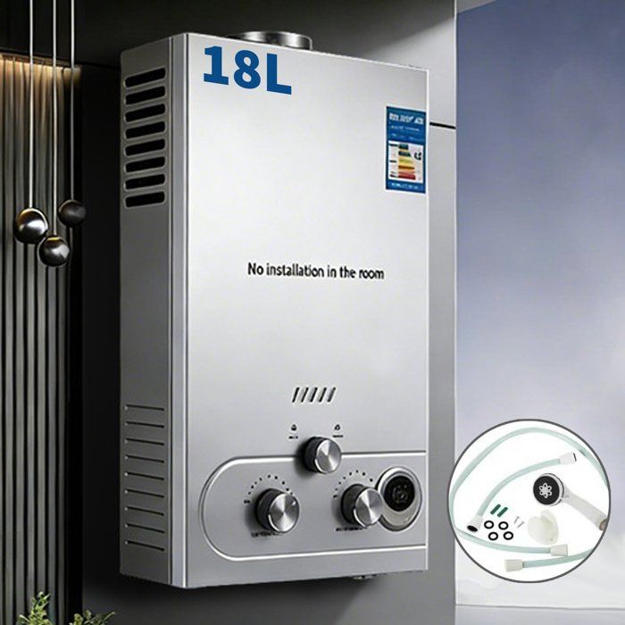 Chauffe-eau à Gaz Instantané 18LPM 36KW Modes Hiver et Été Système de Chauffage Sûr avec kit de douche pour Camping Maison