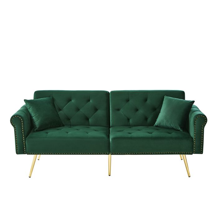 Canapé Lit-Moderne 2 Places-Convertible-Housse en Velours Pieds Métalliques-Vert antique